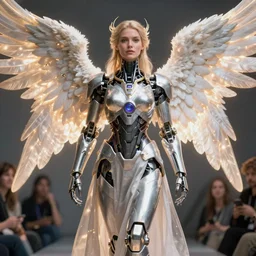 a stunning ultra detailed fantasy fine art full body portrait photo of a woman with mech armor from ex machina movie dressed as an angel with glowing wings, by artgerm, karol bak and lisa holloway photography, full body shot, golden ratio composition, deep depth of field, perfect eyes and face, cyberpunk, soft lighting, artstation, 8 k