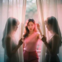 photography of asian female models behind white curtains, dramatic light, cinestill, filmstill, bokeh, long exposure, god rays, magic hour, pink light, warm colors
