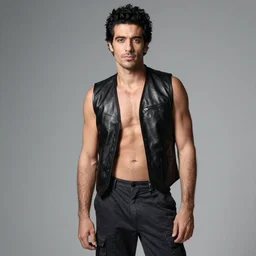 photo of fabio lanzoni with black hair and a five o clock shadow wearing a black black leather vest vest, shirtless, dark cargo pants