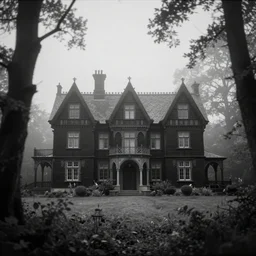 renaissance black house in misty wood, monochrome, analogue photo quality, blur, unfocus, cinematic, 35mm