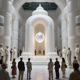 simplicity, inside a sci - fi white inflatable temple with a luminescent sphere floating in the middle, marble sculptures of a crowd people surrounding it, ultra detailed, by william godward, by moebius, by simon stalenhag, by gustave dore, by andrew jones, frantisek kupka, william godward, miles johnston, pekka halonen, cinematic, 8 k