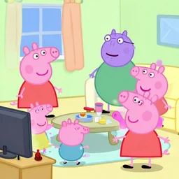 peppa pig watching tv with the griffin family. in an episode of the cartoon family guy.