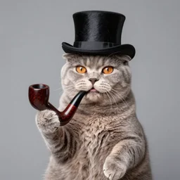british shorthair cat wearing a top hat and holding a pipe on its paws, pet photography, award winning, photography, realistic,