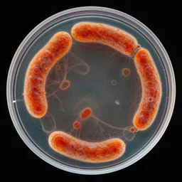 symmetry!! petri dish photo of a semi transparent round squishy orange and red bacteria, strings of mucus in the interior, microscopic photo, black background, fluids, science today award winning photo