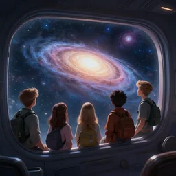 the young crew peer out the window of their dimension ship at the multiversal galaxy, wlop, concept art, digital painting, trending on artstation, highly detailed, epic composition, 8 k uhd