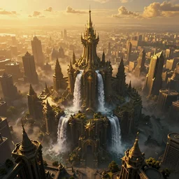 aerial view, golden hour, at the dawn of time, golden lighting, nightmare, in a symbolic and meaningful style, dark fantasy city, waterfall, warhammer style, highly detailed, digital painting, trending on artstation, concept art, sharp focus, illustration, octane render, high detailed, high saturation