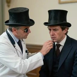 a photograph of a doctor diagnosing a terrified patient. The patient is dressed in a suit and tophat with a monocle and union jack flag