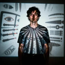 photograph by irving penn of person with object detection pattern projected onto them