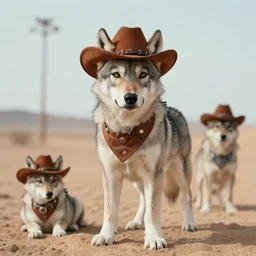 photo of a wolf puppy, wearing cowboy clothes, in the desert, cinematic color grading, various poses, soft light, faded colors, well framed, sharp focus, 8 k