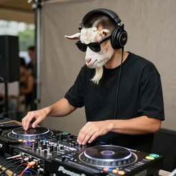 a goat wearing heaphones and sunglasses DJing with DJ turntables, photoreal