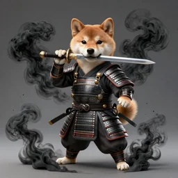 Concept art of a small shiba inu in samurai armor, holding a sword in his mouth, surrounded by black smoke, smoky, full body Dog wuxia, Dog Wudang Swordmanship by Chen Uen, art by Yoji Shinkawa, 4k