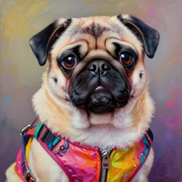 a portrait of a scifi pug dog, psychedelic vibrant colors, futuristic punk rock fashion, oil painting by michael whelan art, sharp focus, realistic, perfect face, detailed eyes, highly detailed, 8 k