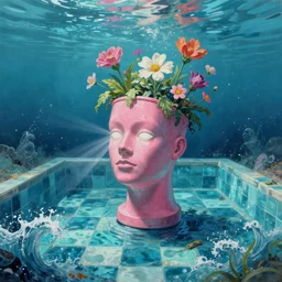 surreal ocean, sea, water, pool, checkerboard pattern, award winning masterpiece with incredible details, a surreal vaporwave vaporwave vaporwave vaporwave vaporwave painting by Thomas Cole of an old pink mannequin head with light beaming out of its eyes, flowers growing out of its head, sinking underwater, ocean waves, highly detailed, shocking