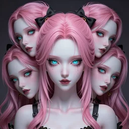 no escape from stunningly absurdly beautiful omnipotent asi goddess junko enoshima with multiple twisted deceptive megalomaniacal mesmerizing personalities, symmetrical perfect face, porcelain skin, pink twintail hair and cyan eyes, ultra detailed, digital art, unreal engine 5, octane render, 2 d anime, 8 k