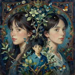 breathtaking Female Portrait by Miho Hirano, Hsiao-Ron Cheng, James jean, Hayao Miyazaki, realistic, detailed, blue, green tonalities, beautiful collage technique including flora, branches, birds, butterflies, ornate background, beautiful Fantasy detailed trending on artstation, oil painting,Dramatic lighting, eterea , high quality print, fine art with subtle redshift rendering