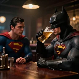 batman drinking beer with superman in a bar, Cinematography, Vignette, HDR, Volumetric Lighting, Ambient occlusion, unreal engine, 4k, 8k