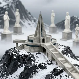 futuristic concrete monastery, the monastery is on top of a black snowy mountain, the concrete monastery has walkways, skybridges, stairways, white marble statues on pedestals in the background, depth of field, sharp focus, clear focus, beautiful, award winning architecture, hopeful, quiet, calm, serene