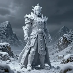 human costume design made by snowflakes, sophisticated composition, old masters light composition, procedurally generated, drama character posing for concept art, dramatic mountains behind, substance designer, PBR, HD, Ultra detailed, hyperrealistic, megascans, volumetric light, concept by master artist, made in paint tool SAI2, trending pixiv aesthetic face