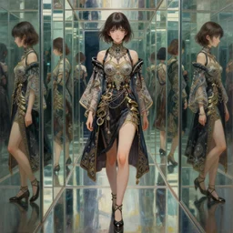 beautiful girl in intricate clothing walking through a hallway of mirrors, reflections, very high intricate details, painting, digital anime art, medium shot, mid - shot, wlop, ilya kuvshinov, artgerm, krenz cushart, greg rutkowski, sana takeda