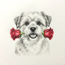 a pencil drawing of a cute dog with a red rose in it mouth, 8 k