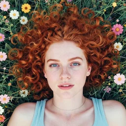 close up aerial view portrait of a woman with curly red hair laying in a field of flowers looking at the camera, pastel faded effect, synthwave colors, 8K