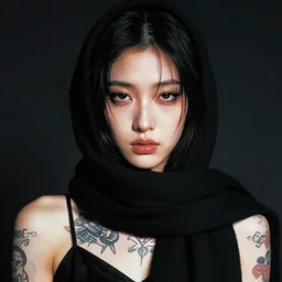 photorealism, portrait fashion model face, tattoos all over the skin, wrapped in a black scarf, sad eyes, dark background, in style of classicism mixed with 8 0 s japanese sci - fi books art
