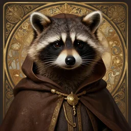 anthropomorphic hooded raccoon cleiric, deep focus, d & d, fantasy, intricate, elegant, highly detailed, digital painting, artstation, concept art, matte, sharp focus, illustration, hearthstone, art by artgerm and greg rutkowski and alphonse mucha