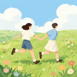 illustration of two friends holding hands running down a flowery field