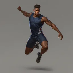 a highly detailed illustration of attractive young african guy with short hair wearing track and field suit, heroic jumping pose, by greg rutowski, intricate, elegant, highly detailed, centered, digital painting, artstation, concept art, smooth, sharp focus, league of legends concept art, wlop