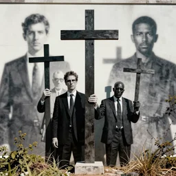 godless politicians holding crosses, blur bobms on backgruond, stencil art by shag, tom whalen, artgerm, clean bold lines
