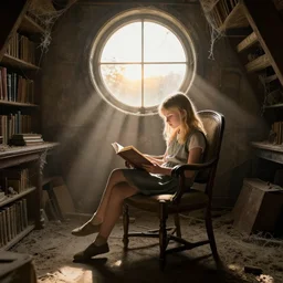 young blond haired girl reading a book in an old chair in a dusty attic, old library covered by cobwebs, dusty dirty floor, sunset light through round old dusty windows, hyperdetailed, artstation, cgsociety, god rays, 8 k, donato