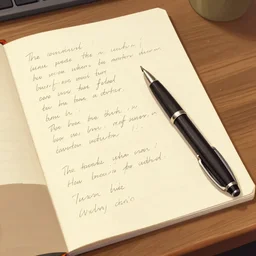 an aesthetic! matte painting of a pen on top of some handwritten notes written on paper on top of a wooden table, detailed digital art, trending on artstation.