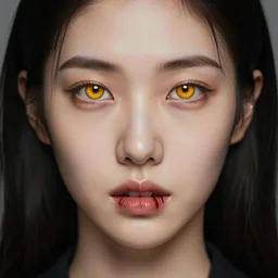 portrait female korean, bulgasal, face portrait, amber golden eyes, slight blood in teeth, raphael lacoste, eddie mendoza, alex ross, concept art, matte painting, highly detailed, rule of thirds, dynamic lighting, cinematic, detailed, denoised, centered