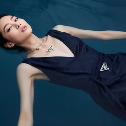 close up of fashion model floating in water, top view, wearing prada dress, harper's bazaar editorial, highly detailed