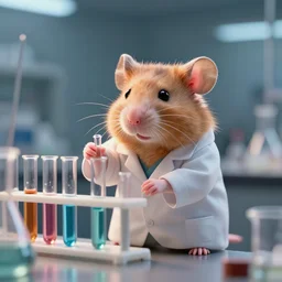 a 3D render of a cute fuzzy pet rat dressed in a white lab coat mixing test tubes of chemicals in a chemistry lab, bokeh, Canon 50mm, cinematic lighting, volumetric light, octane, octane render, redshift render