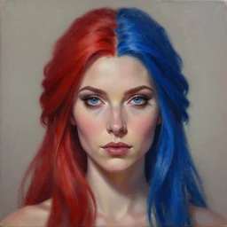 a detailed matte oil on canvas head on symmetrical portrait of a distinguished elven woman with separated red and blue hair ( ( ( ( ( makeup ) ) ) ) ) by charlie bowater and lise deharme wlop, trending on artstationhd, dungeons and dragons art critical role, half and half hair dye, split hair dye, two tone hair dye, dye hair,, split red and blue