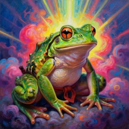 [ style ] [ oil painting ] [ palate ] [ vibrant gothic colors ] 👾 👽 anthropomorphic warrior frog 🐸, vibrant neon nebulous clouds, radiant light rays, photorealistic painting, intricate and fine details, volumetric lighting, artstation,