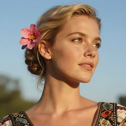 vintage photograph of an olive skinned blonde female model in her twenties, her hair pinned up with a pink flower, wearing a designer top, looking content, focused on her neck, photo realistic, extreme detail skin, natural beauty, no filter, slr, golden hour, 8 k, high definition, selfie
