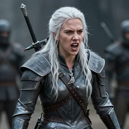 scarlett johansson cast as ciri in the witcher netflix series, battle scene, wearing armour, long white hair, snarling