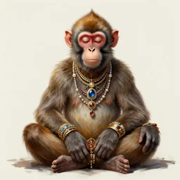 a meditating monkey with lots of opulent jewelery by jeremy fish. digital painting, concept art