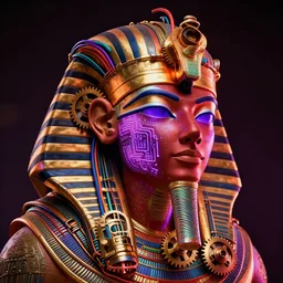 awardwinning photo of an egyptian steampunk tut anch amun, the face is covered with purple glowing digital circuits, wearing a glowing red and golden metallic aztec diadem with multicolored cables and shiny metallic gears, 3 d render, crisp, 8 k, fluorescent colors, nikon photography