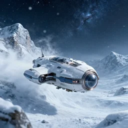 small spaceship on an icy mountain, sci-fi, blizzard, 8k, photorealistic, stellaris artstyle