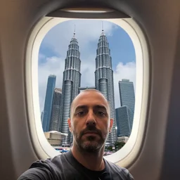 Salvini takes a selfie on a plane whit twin towers collapsing on the background thought the window 11 september