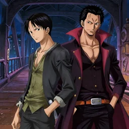 two young men, one man human, one man vampire, night, on a bridge,, detailed, intricate, aesthetic, artistic, 8 k resolution in the style of one piece