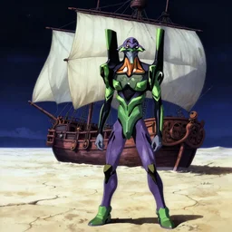 pale night, a green pirate stands beside his wrecked full sail fifteenth century carrack at the bottom of a dried - up lake in an ivory desert, evangelion, kyoto animation still, intricately detailed features, digital painting, yoshiyuki sadamoto
