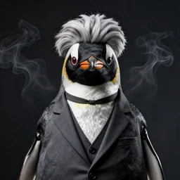 Picture of a penguin wearing a suit, hair, godfather, symmetrical, dark environment, smoke, realistic, highly detailed, digital art, trending on artstation,
