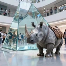anthropomorphic rhino tourist is looking at the great glass prism, tourist crowds, reflections, refracting kaleidoscopic light, disco light