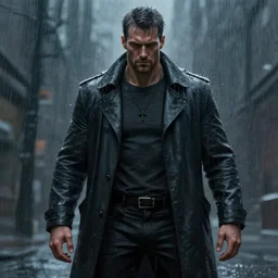 realistic gritty digital painting concept art of a powerful modern man in the rain