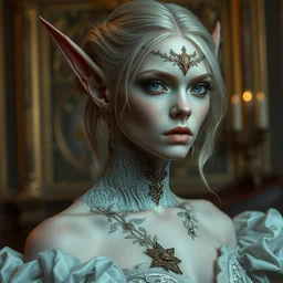 close up, half - elf rich woman, in an intricate gown, with some inbred traits, alone in her mansion, head and torso portrait by karol bak and johan grenier