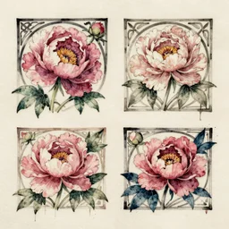 peony Art Nouveau designs and borders by Jean-Baptiste Monge, post processing, painterly, book illustration watercolor granular splatter dripping paper texture. Trending on artstation, post processing, pen and ink work, sharp focus